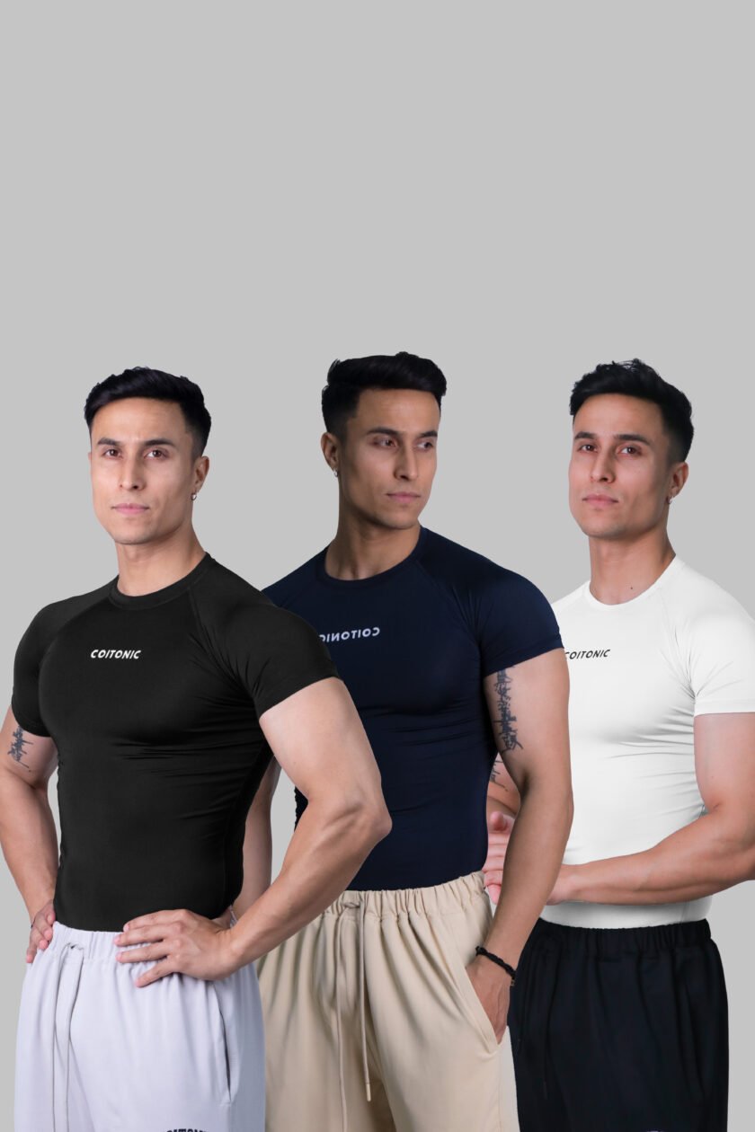 Coitonic Compression Half Sleeves Black, White & Navy Blue T-shirt Combo