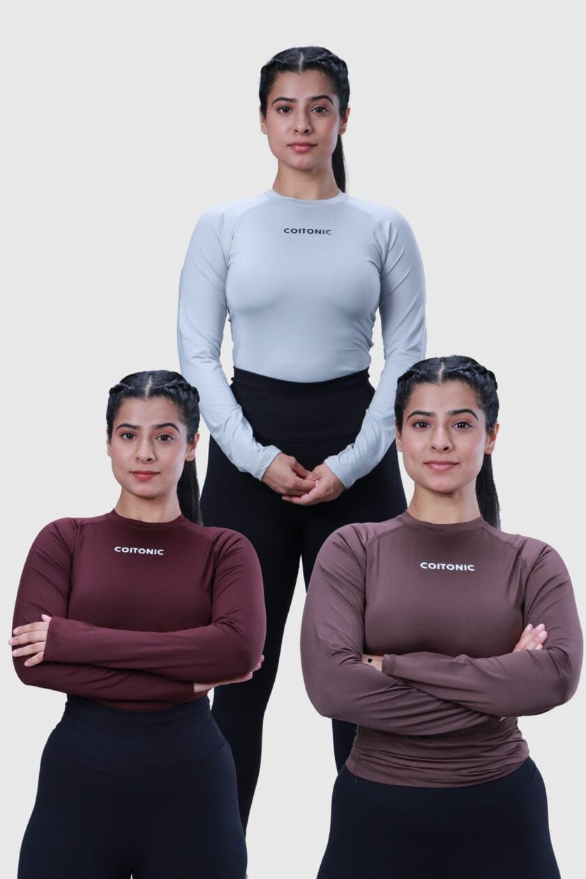 Compression Full Sleeves Marron, Brown & Light Grey T-shirt Combo (Women’s)