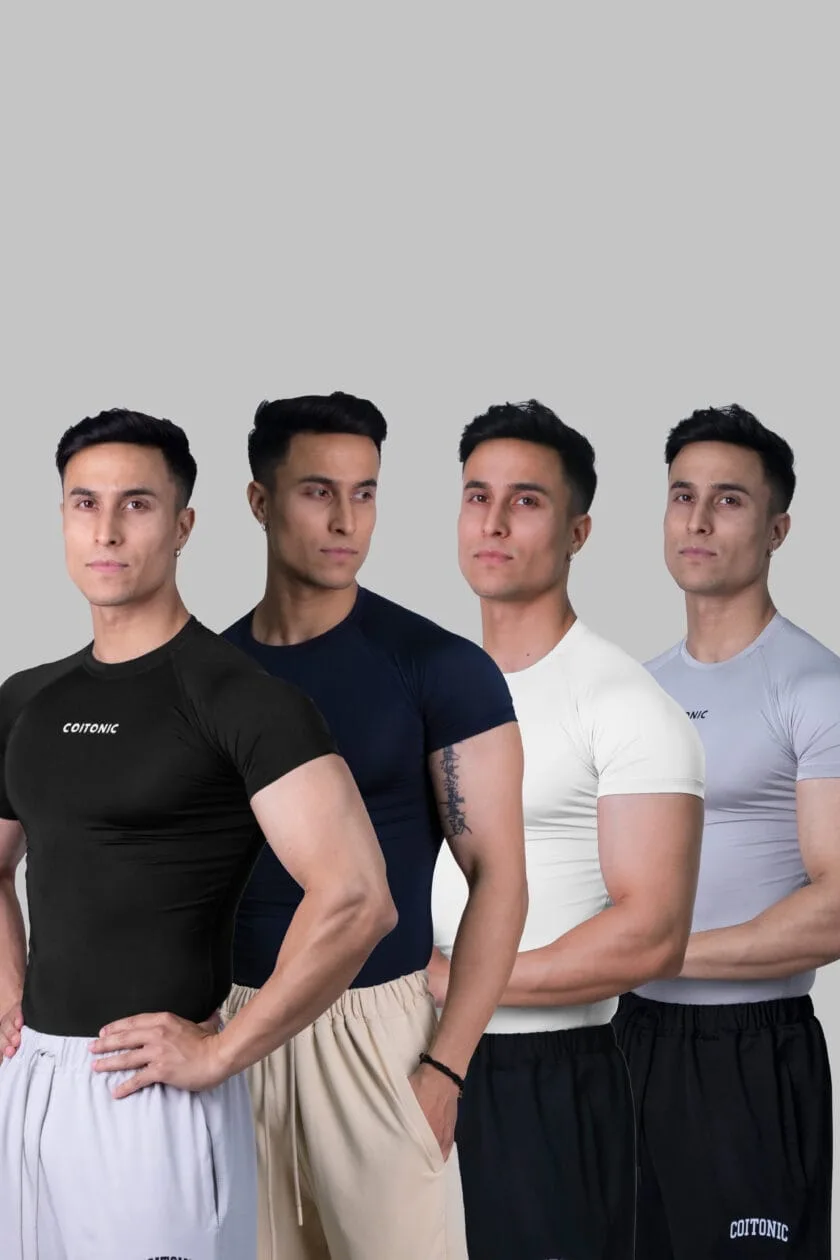 Coitonic Compression Half Sleeves Black, White, Navy Blue & Light Grey T-shirt Combo