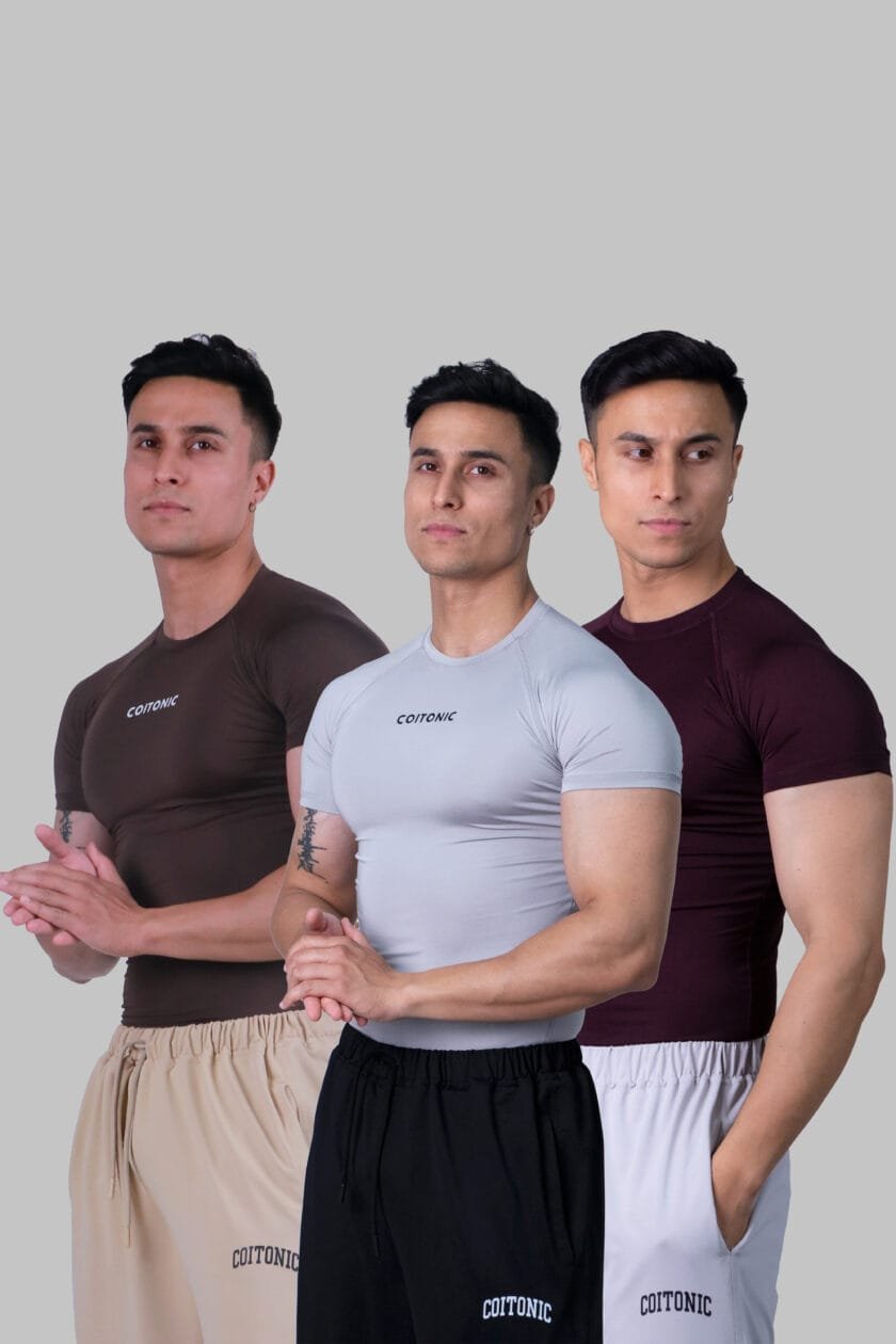 Coitonic Compression Half Sleeves Light Grey, Brown & Marron T-shirt Combo