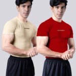 Coitonic Compression Half Sleeves T-shirt Combo - Beige & Red