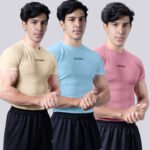 Coitonic Compression Half Sleeves T-shirt Combo - Beige, Ocean Blue & Onion Pink