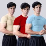 Coitonic Compression Half Sleeves T-shirt Combo - Beige, Ocean Blue & Red